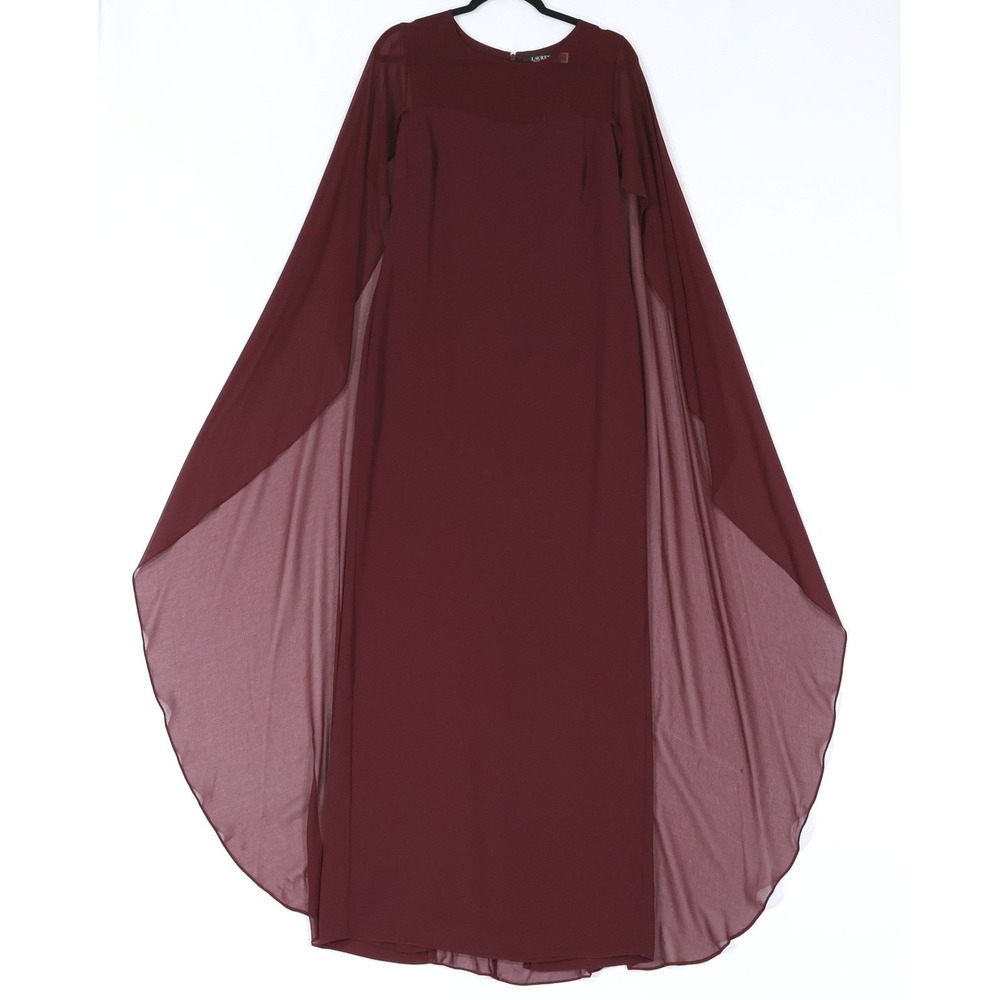 Lauren Ralph Lauren Cape Gown Womens 10 Burgundy Formal Elegant Maxi $265 NWT